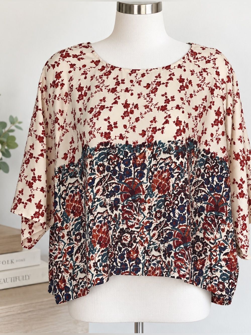 House Of Harlow 1960 Ava Floral Fig Crop Top Multicolor Boxy Flowy Boho Blouse L